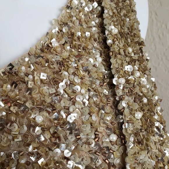 Aidan Mattox Gold Sequin Pearl Mini 1-Shoulder Holiday Party Dress  Sz 4 w/ Flaw - Picture 4 of 15